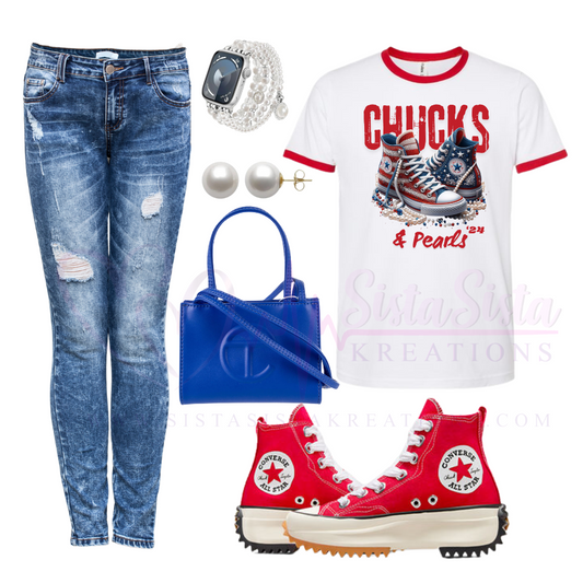 The “Chucks & Pearls”Red Writing Tee