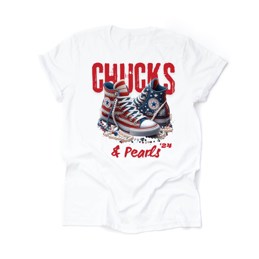 The “Chucks & Pearls”Red Writing Tee