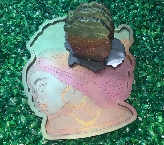 Resin Sunset African Goddess Tray w/ 4 Coasters & Holder